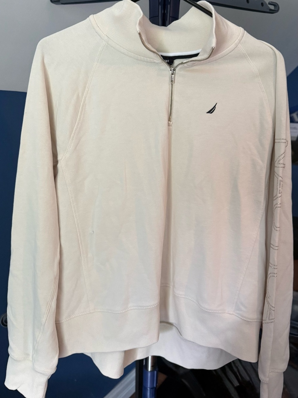 Nautica Jeans Women’s L Ivory Quarter Zip Rhinestone Logo Sleeve Sweatshirt
